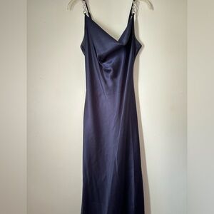 Navy blue silk satin long prom formal dress. little to no wear.